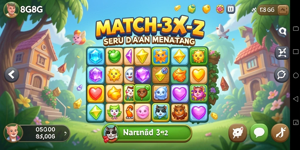 Screenshot menampilkan gameplay 8G8G yang penuh warna dan tantangan Match-3.