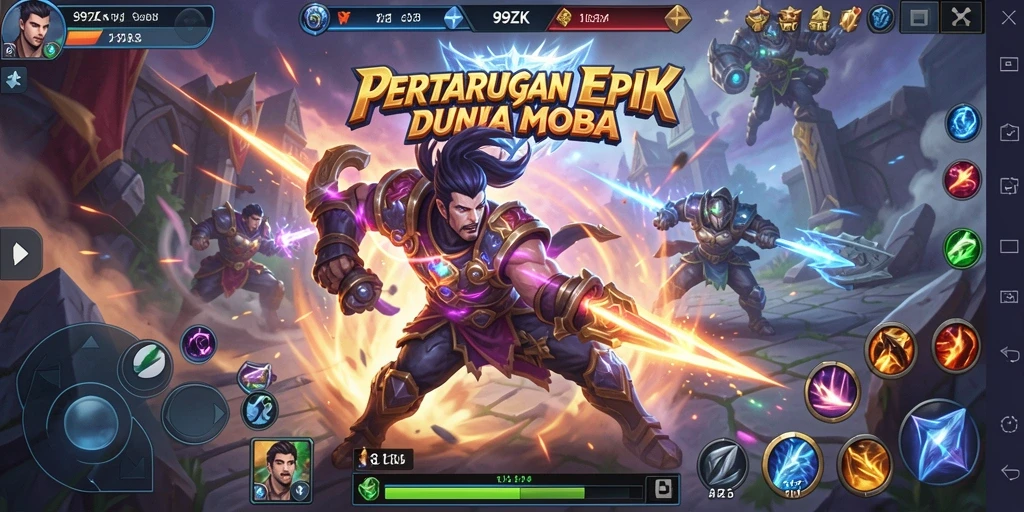 Screenshot utama 99ZK memperlihatkan aksi pertempuran yang intens di arena MOBA.