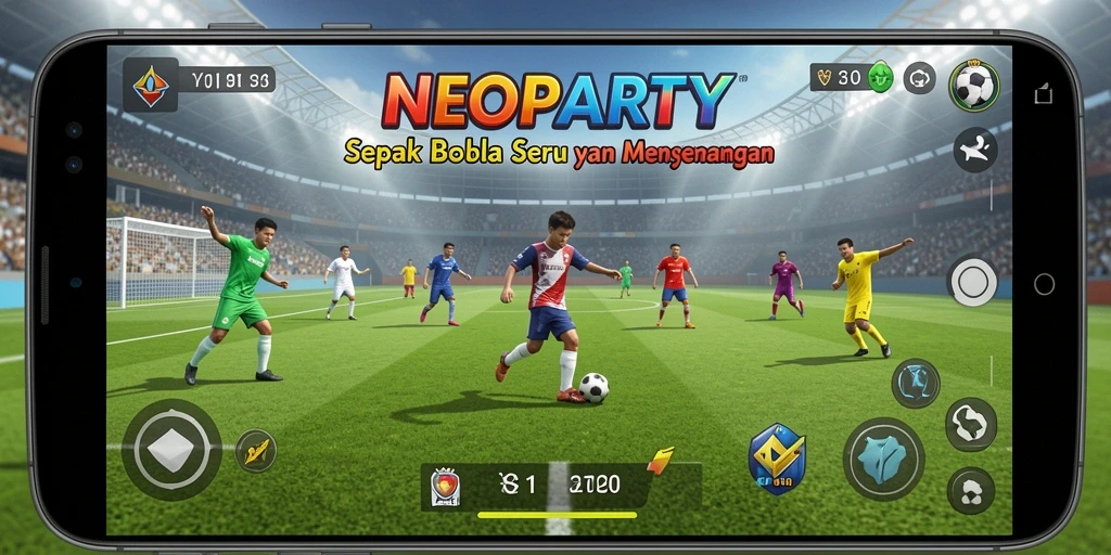 Screenshot utama NEOPARTY menampilkan aksi seru di lapangan sepak bola.