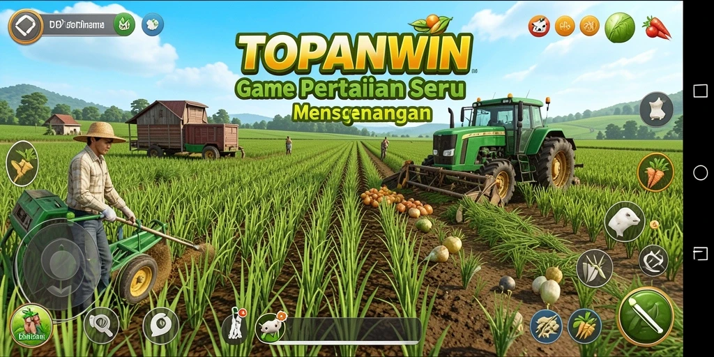 Tangkapan layar gameplay TOPANWIN menampilkan aktivitas bertani yang aktif dan dinamis.